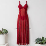Red Sheer Mesh Lace Bust Floor-Length Nightgown